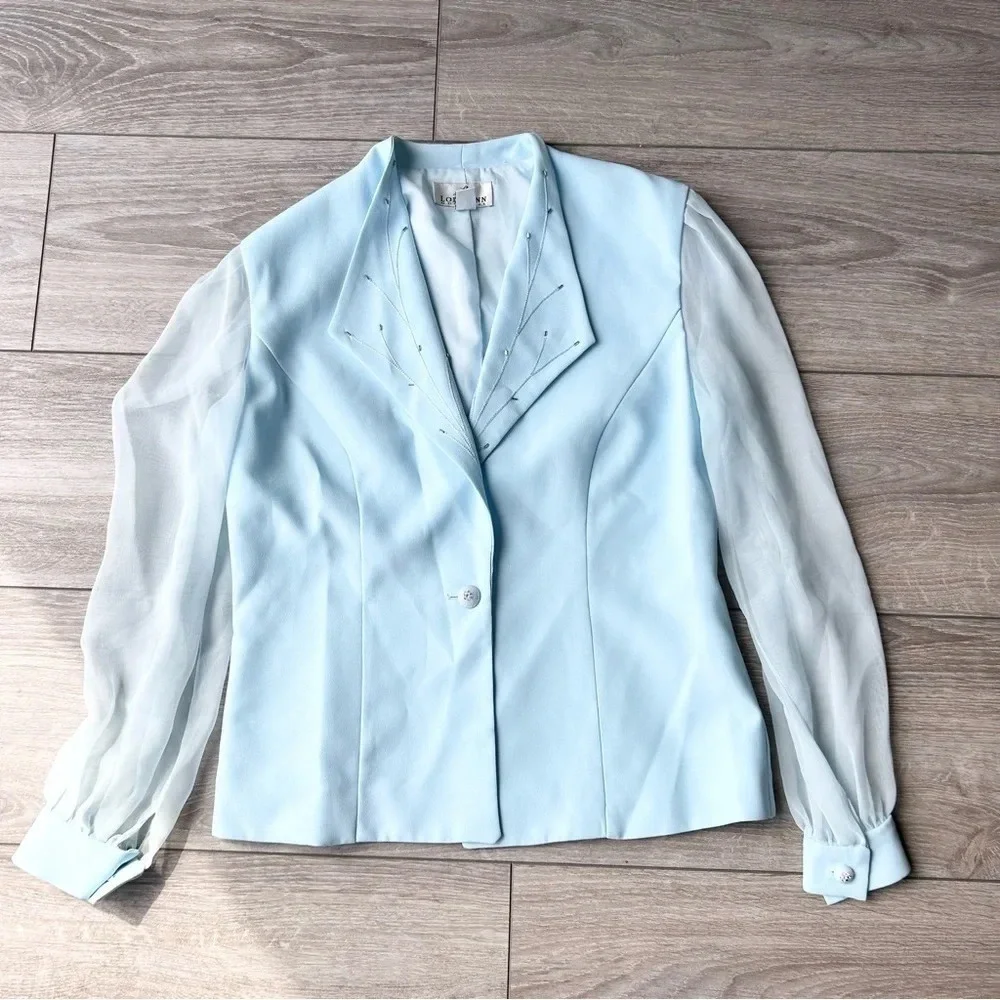 Vintage Lori Ann Blue Sequins Collar Mesh Sleeve Blazer Made in Canada